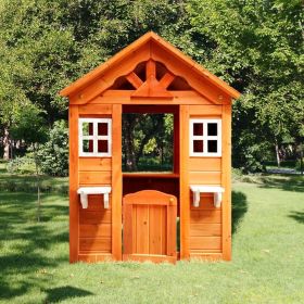 All Wooden Kids Playhouse with 2 windows and flowerpot holder,42"Lx46"Wx55"H,Golden Red