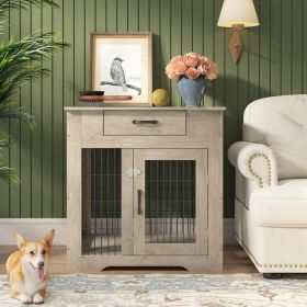 Furniture Style Dog Crate End Table with Drawer, Pet Kennels with Double Doors, Dog House Indoor Use, Grey, 29.9'' W x 24.8'' D x 30.71'' H.