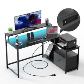 EVAJOY Home Office Computer Desk with File Drawer, LED Strip, Power Outlet (Color: as picture)