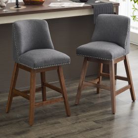 26" Upholstered Swivel Bar Stools Set of 2, Modern Linen Fabric High Back Counter Stools with Nail Head Design and Wood Frame (Color: as Pic)